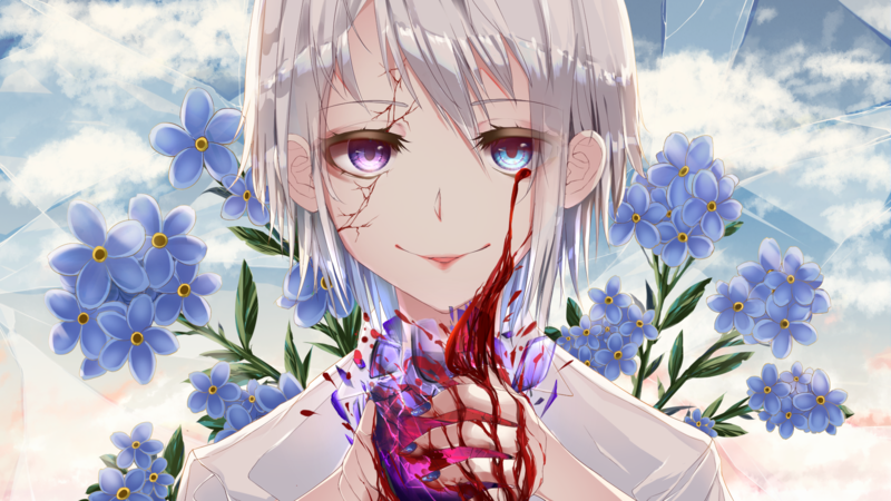 white hair, short hair, flowers, blood, anime