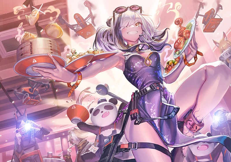 Arknights, sunglasses, robot, panda, microphone, food, Chinese dress, Chinese clothing, camera, animal ears, anime girls, anime