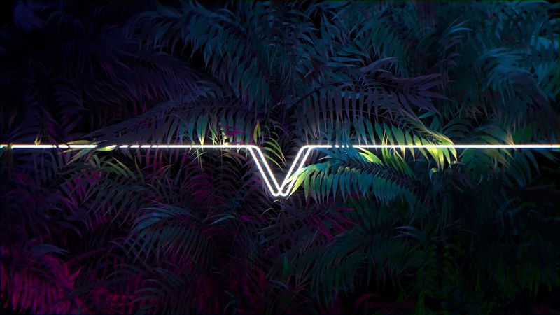 leaves, line, neon, light, dark, 4k