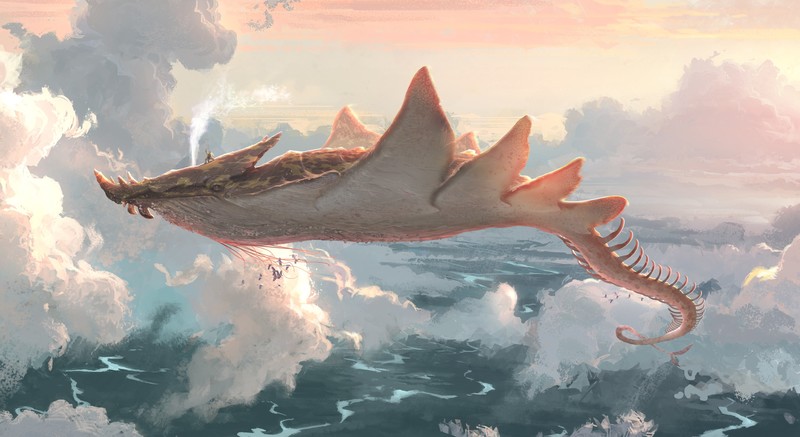 Jim Moore, digital art, fantasy art, river, clouds, birds, flying, whale