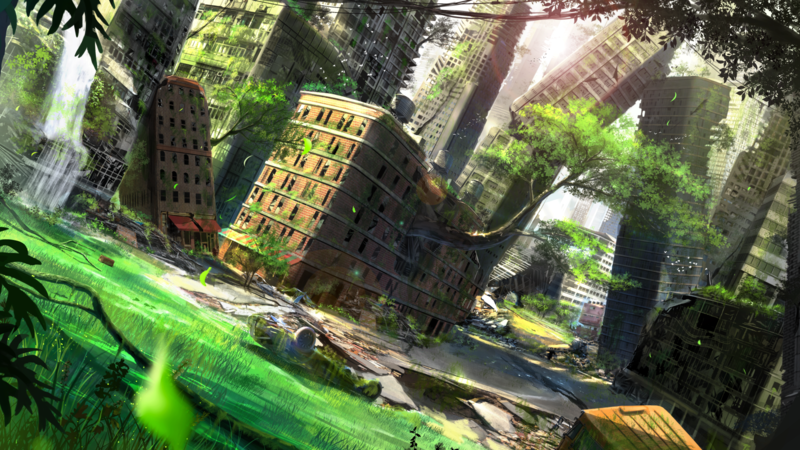 ruin, anime, town, grass