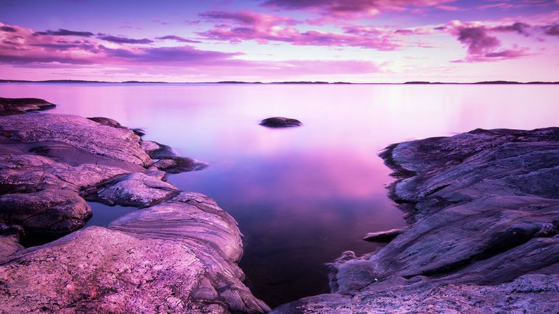 lake, stones, landscape, shore, clouds, purple, 4k