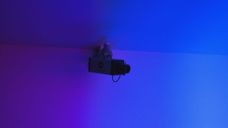 camera, surveillance, wall, blue, minimalism, 4k