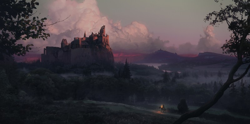 fantasy art, artwork, The Witcher, castle, sky, clouds, digital art, horse