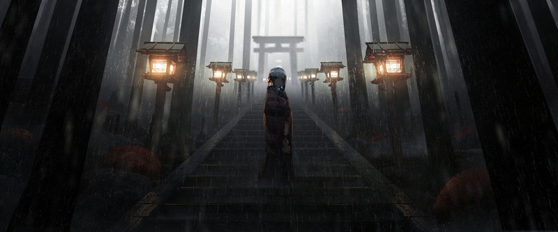 THE, shrine, anime girls, rain, lantern, dark, fantasy girl, fantasy art, Asia, anime