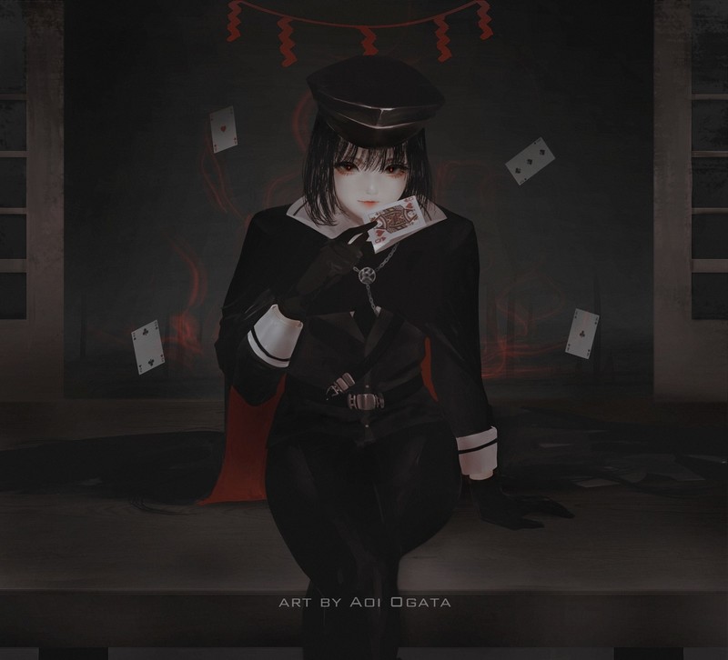 women, Aoi Ogata, poker, uniform, red eyes, short hair