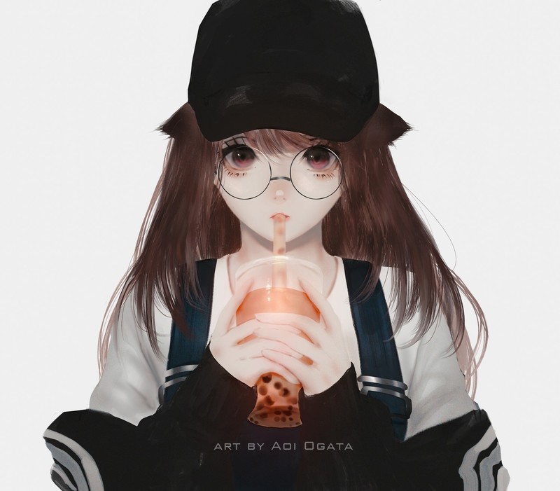 women, legs, Aoi Ogata, black hat, glasses, drinking, red eyes, long hair