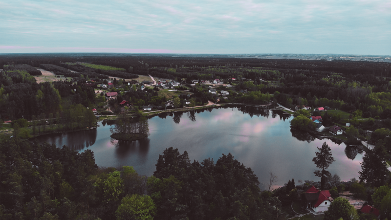 village, lake, forest, landscape, sky