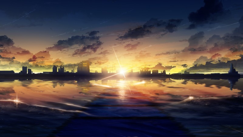 sunset, city, building, lake