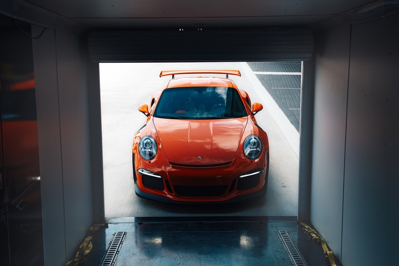 Porsche, car, vehicle, Porsche 911, frontal view, orange cars, German cars, supercars, truck