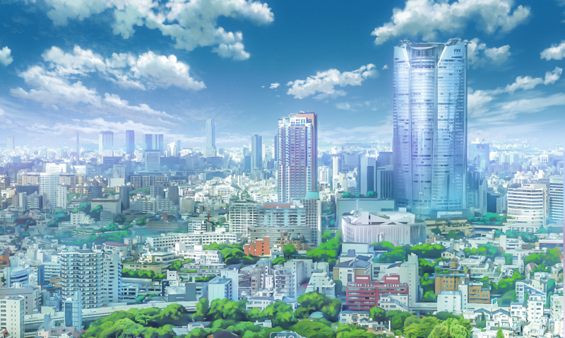 city, landscape, Your Name, sunlight, Akihabara, Makoto Shinkai, trees, clouds