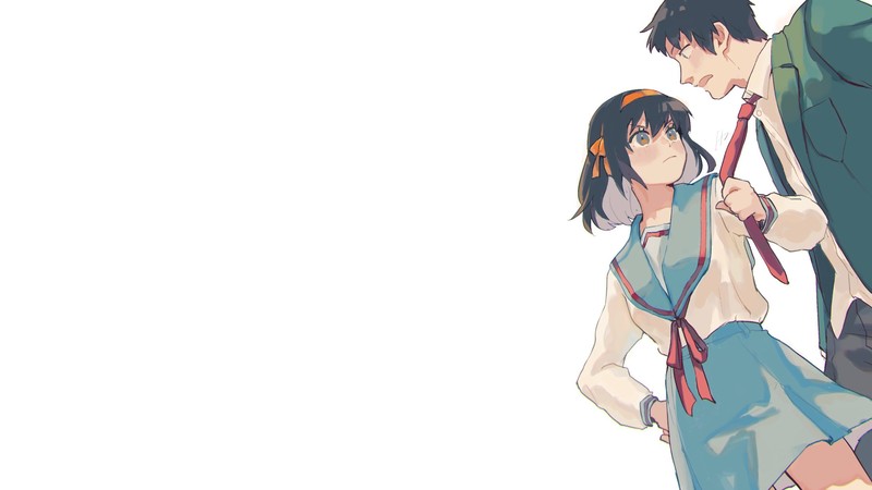 The Melancholy of Haruhi Suzumiya, Suzumiya Haruhi, Kyon, white background, hair ribbon, anime, anime girls, anime boys