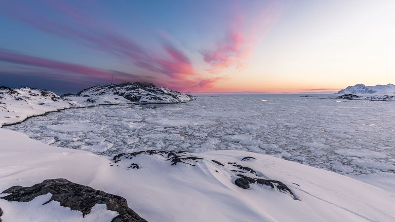 landscape, ice, snow, frozen, coast, rocks, ocean, north, 4k