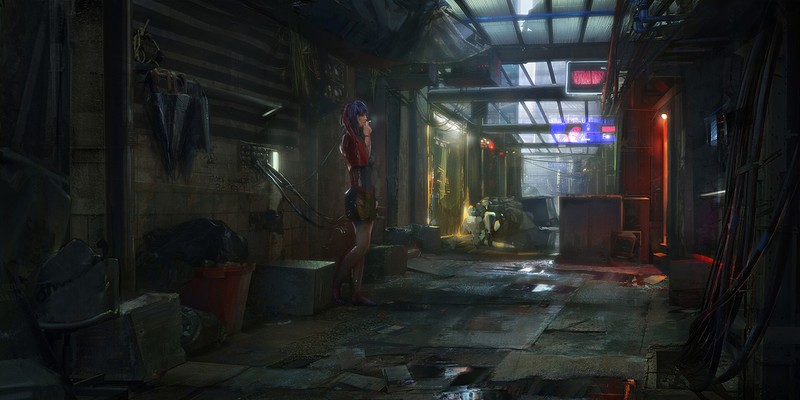artwork, digital art, science fiction, futuristic, alleyway