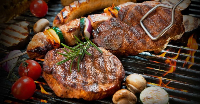 meat, food, tomatoes, vegetables, mushroom, fire