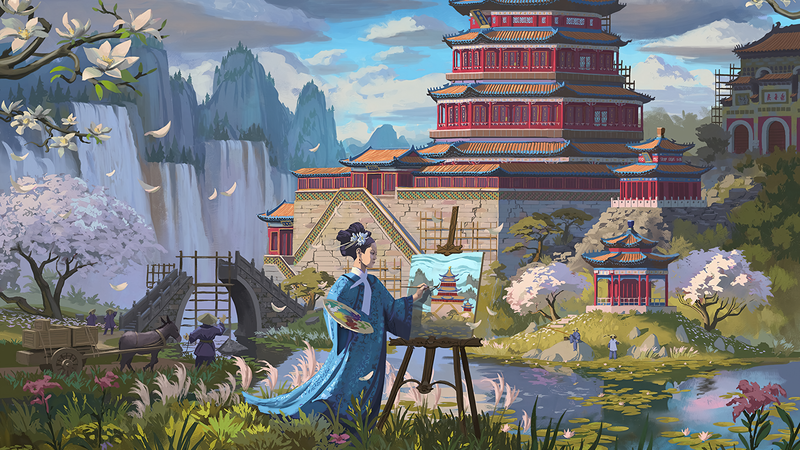 digital art, fantasy art, nature, landscape, Asian architecture, geisha, Asia, lake, trees, blossom, painters, Quentin Regnes, flowers, bridge, pagoda
