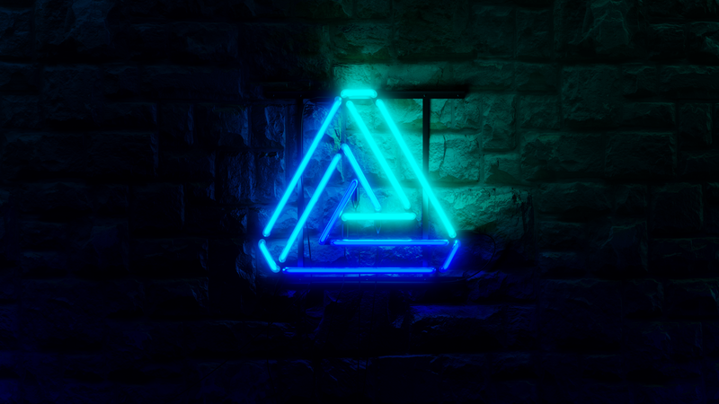 digital art, abstract, glowing, wall, neon, triangle, bricks, Penrose triangle, blue, cyan