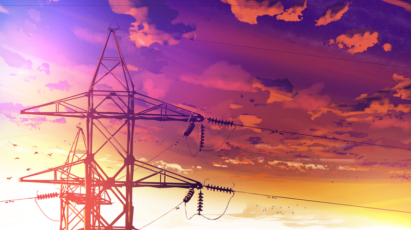 anime, digital art, artwork, utility pole, clouds, birds, sunset