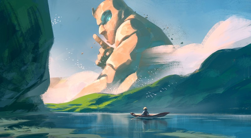 Setor Fiadzigbey, statue, fantasy art, boat, river, mountains, digital art