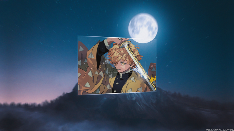 anime, anime boys, picture-in-picture, moonlight, Zenitsu Agatsuma, Kimetsu no Yaiba, Moon