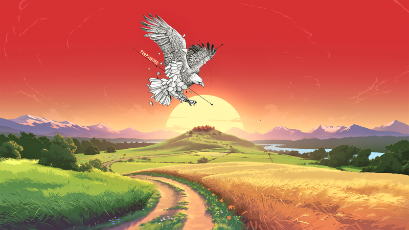 nature, catan, The Settlers of Catan, house, village, fan art, field, hill, video games, Dragon Quest Builders, horse, sunset, mountains, trees, road, clear water, flowers, sheep, river, eagle, bird of prey, birds, digital art, runes, jason bennett, reymus619