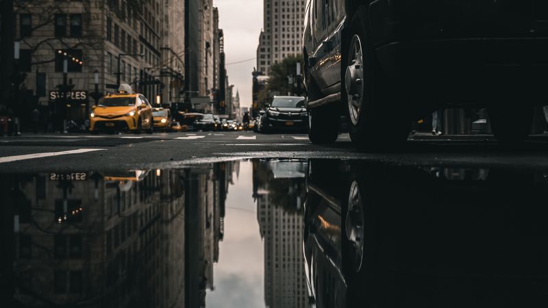 street, puddle, reflection, cars, buildings, asphalt, 4k