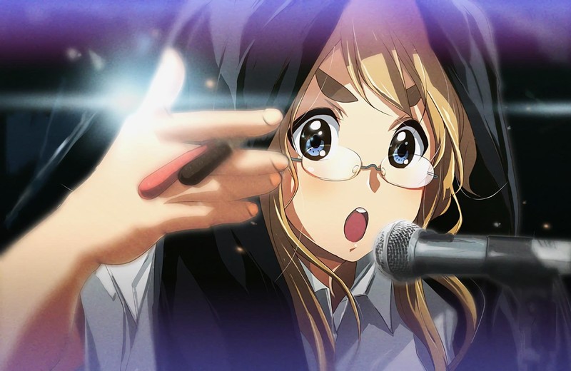K-ON!, anime girls, singing, microphone, long hair, blushing, women with glasses, Kotobuki Tsumugi, 2D, blond hair, blue eyes, looking at viewer, fan art, open mouth, white t-shirt, anime