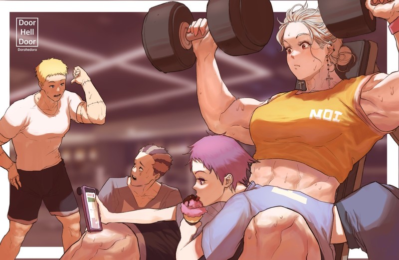 Dorohedoro, anime girls, anime boys, excercise, dumbells, smartphone, muscles, biceps, abs, 6-pack, sweat body, long hair, short hair, thighs, messy hairbun, thick thigh, blushing, orange tops, Noi (Dorohedoro), Shin (Dorohedoro), Ebisu (Dorohedoro), 2D, blond hair, purple hair, silver hair, blue eyes, violet eyes, red eyes, looking away, fan art, anime girls eating, ice cream, anime