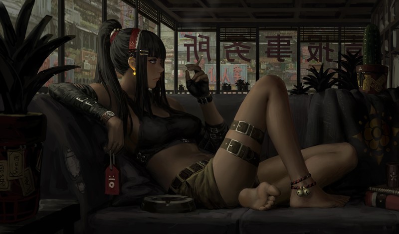 drawing, women, black hair, black tops, short shorts, arm warmers, original characters, artwork, digital art, GUWEIZ, feet, barefoot, anklet, bangs, ponytail, long hair, profile, glowing, Z.W. Gu