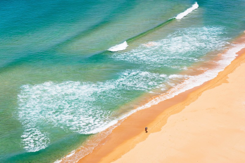 beach, waves, sand, water, aerial view, walking, footprints, fisherman, sea foam, daylight, calm, sea, Australia, summer