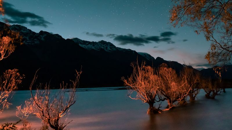 mountains, lake, trees, twilight, starry sky, 4k