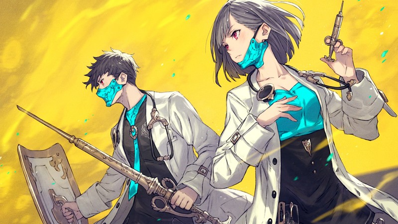 mask, shield, short hair, doctors, anime