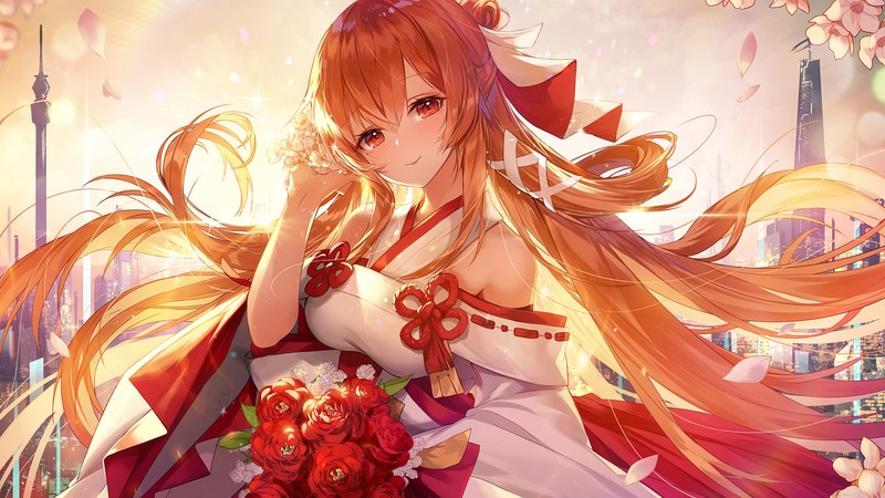 long hair, Japanese clothes, red eyes, redhead, roses, flowers, anime