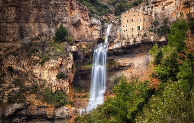 rock, waterfall, outdoors, monastery