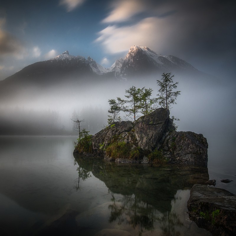 Olegs Bucis, landscape, snowy peak, mountains, peak, stone, nature, water, reflection, mist, Alps, Bavaria