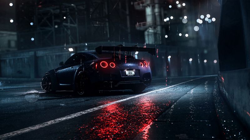 nissan gt-r, nissan, sportscar, supercar, night, asphalt, wet, rain, backlight, 4k