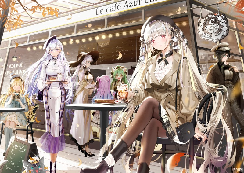 Azur Lane, anime girls, Formidable (Azur Lane), multiple display, cafeteria, Queen Elizabeth (Azur Lane), Belfast (Azur Lane), Illustrious (Azur Lane), Unicorn (Azur Lane), Akashi (Azur Lane), Ark Royal (Azur Lane), anime