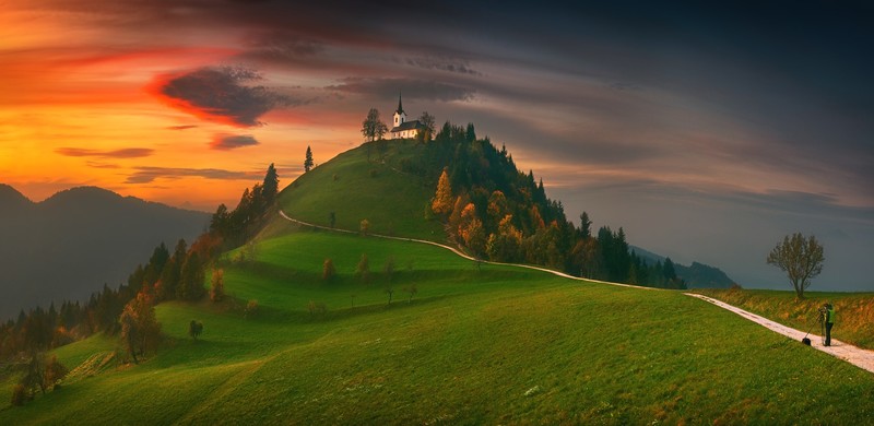 Krzysztof Browko, landscape, hill, forest, trees, church, peak, road, sky, sunset, red sky, clouds, horizon, Slovenia