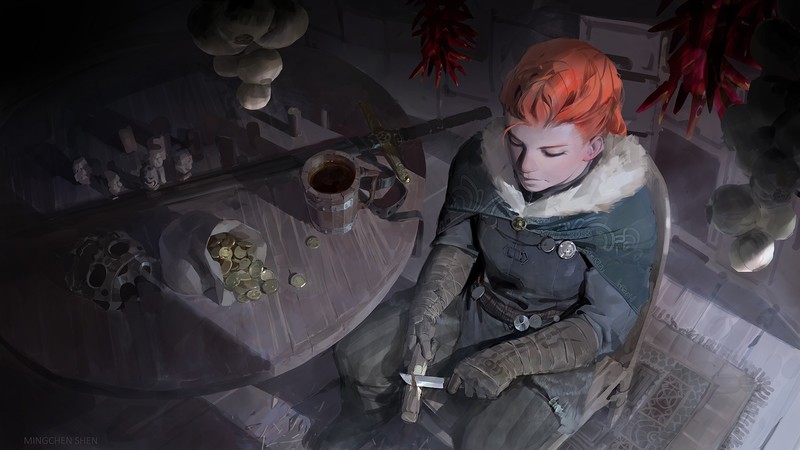 digital art, adventurers, redhead, knife, sword, gold, coin, helmet, Garlic, women, cloaks, fantasy art, Mingchen Shen