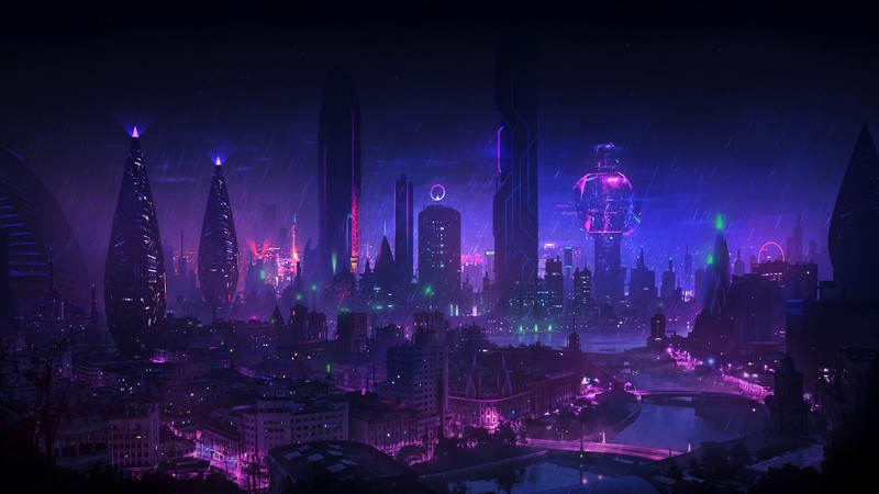 DominiqueVanVelsen, cyberpunk, city, night, rain, neon glow, cityscape, purple, bridge