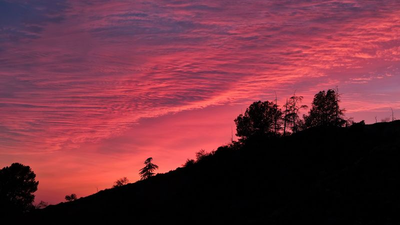 twilight, trees, outlines, hill, sky, clouds, 4k