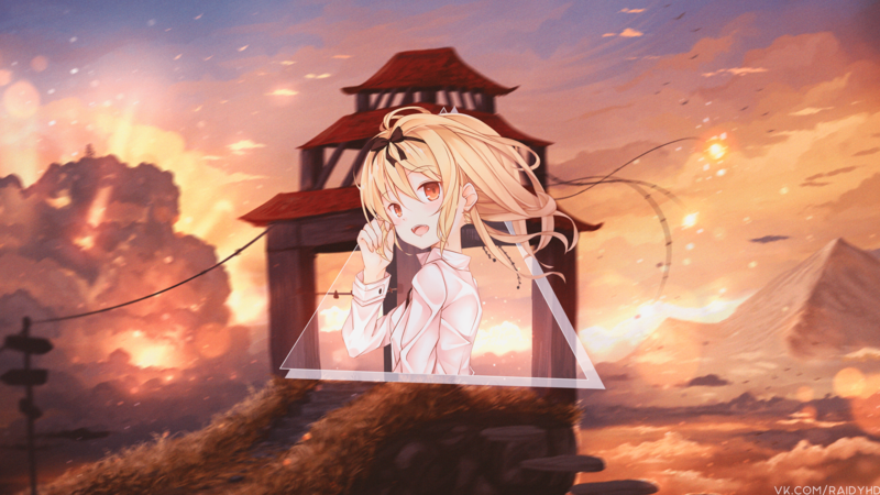 anime, anime girls, picture-in-picture, Arifureta, sunset, red eyes
