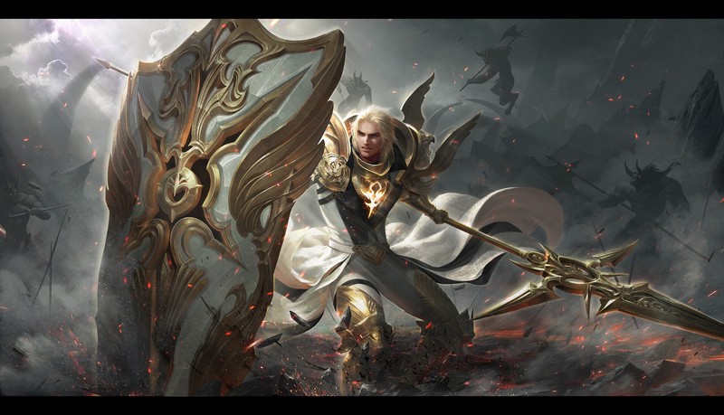 Paladin, men, blonde, warrior, fighting, fantasy art, weapon, lance, shield, battlefields, war, overcast, sparks, armor, gold, spell