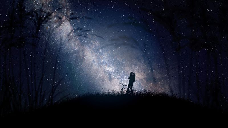bicyclist, silhouette, starry sky, night, milky way, 4k
