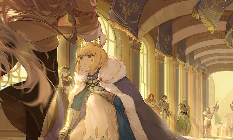 Fate Series, Fate/Stay Night, FGO, Fate/Grand Order, ceremony, sunlight, long hair, short hair, braided hair, armor, crown, palace, cape, big boobs, small boobs, anime girls, anime boys, sunset, blue dress, curvy, Arturia Pendragon, Merlin (FGO), Bedivere (Fate/Grand Order), Lancelot (Fate/Grand Order), Gawain (Fate/Grand Order), Morgan le Fay, redhead, blond hair, silver hair, black hair, smiling, green eyes, female warrior, 2D, fan art