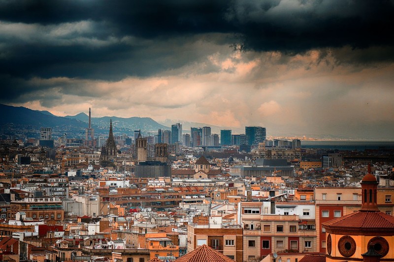 Barcelona, Catalonia, cityscape, urban, city, urban decay, clouds, storm, Gothic architecture, mountains