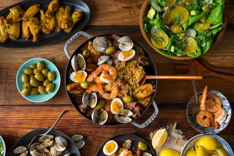 food, salad, seafood, eggs, meat, shrimp, olives
