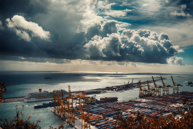 Barcelona, water, clouds, cityscape, urban, city, Catalonia, harbor, boat, ship, containers, storm, Mediterranean Sea