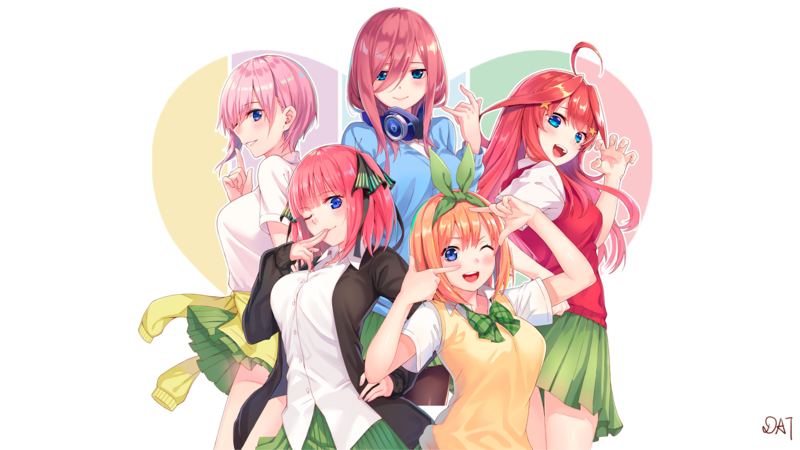 anime, anime girls, 5-toubun no Hanayome, Nakano Miku, Nakano Nino, Nakano Yotsuba, Nakano Ichika, Nakano Itsuki, school uniform, headphones