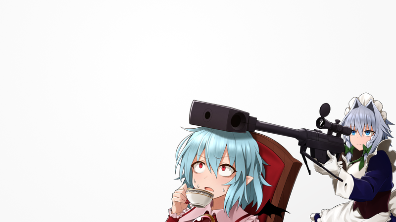 Touhou, Izayoi Sakuya, Remilia Scarlet, white background, girls with guns, sniper rifle, maid, gloves